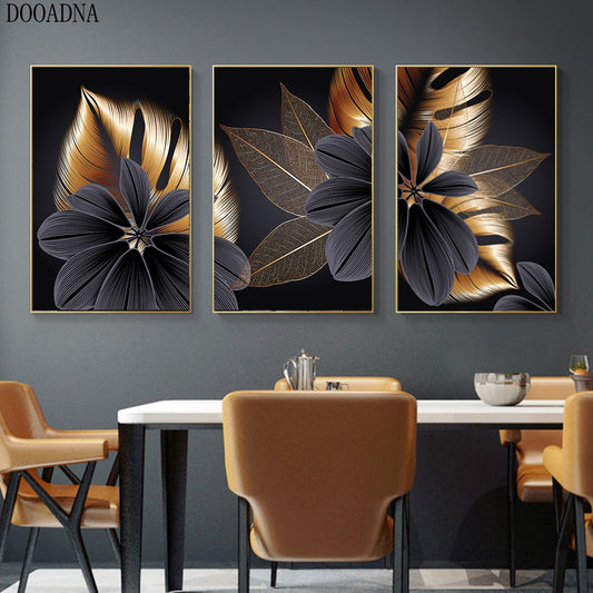 Nordic Black Gold Plant Leaf Canvas Poster