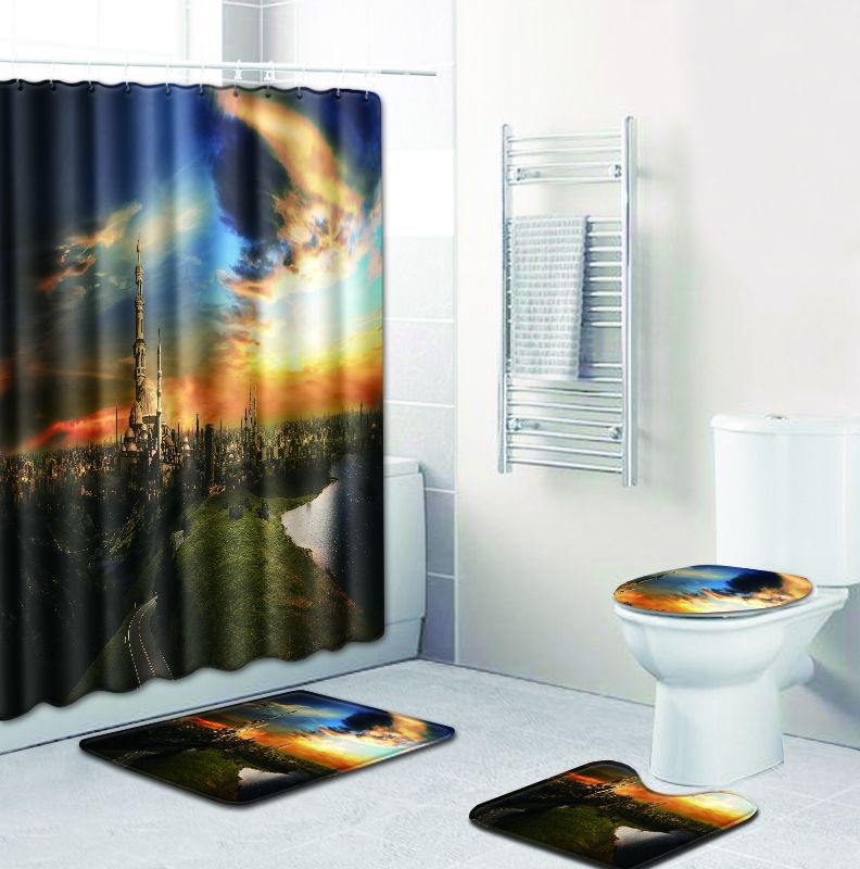 4pcs Bath Mat Set with Shower Curtain