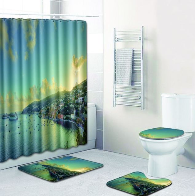 4pcs Bath Mat Set with Shower Curtain