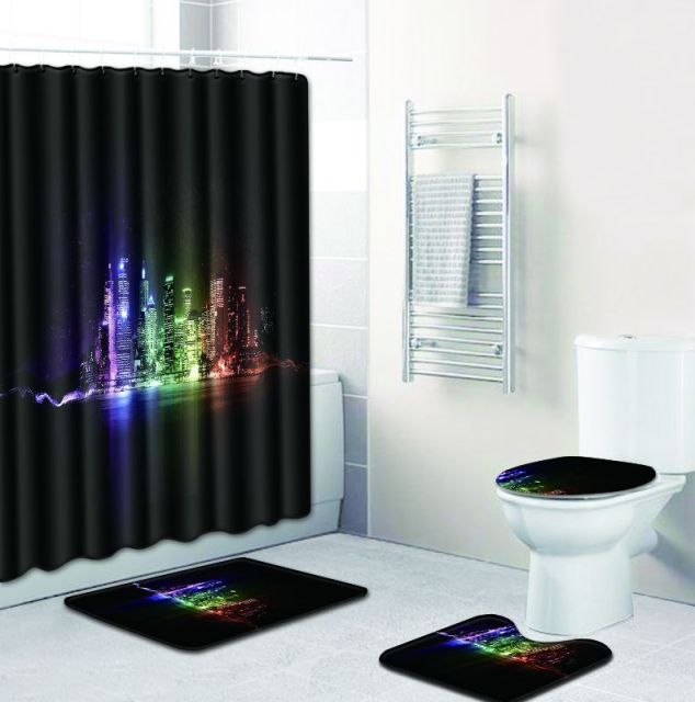 4pcs Bath Mat Set with Shower Curtain