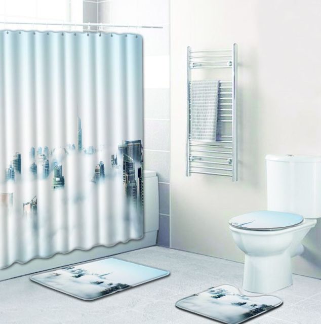 4pcs Bath Mat Set with Shower Curtain
